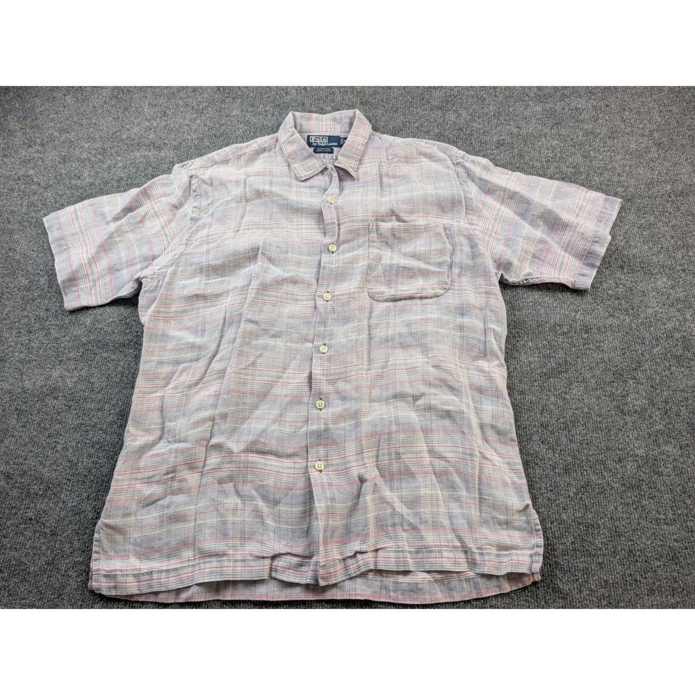 Polo Ralph Lauren Clayton Shirt Mens Medium M 100% Linen Plaid Short Sleeve Vtg